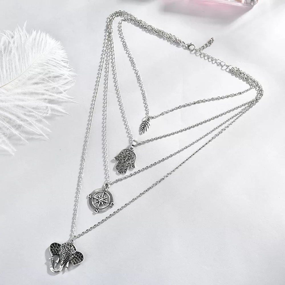 Boho Silver Leaf Hamsa Compass Elephant Necklace - Picture 4 of 15